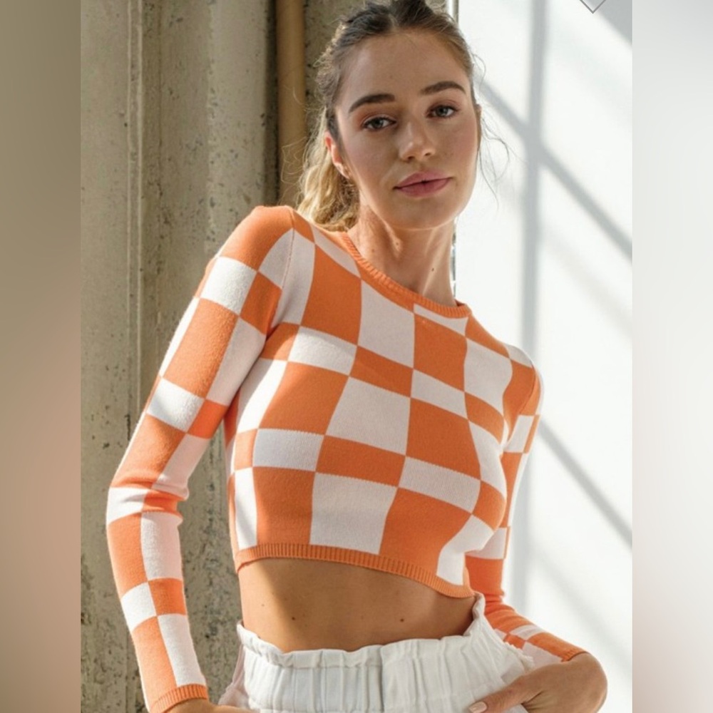 Orange and White Checker Crop Top Sweater